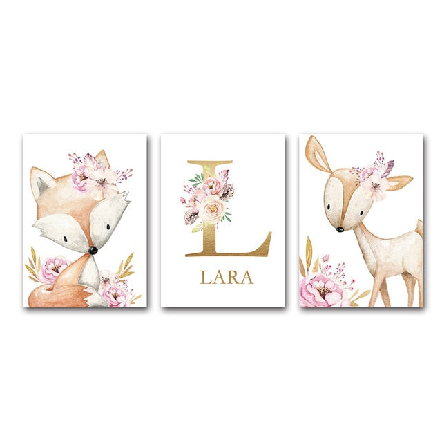 Personalised Woodland Animal Print Nursery Canvas Painting