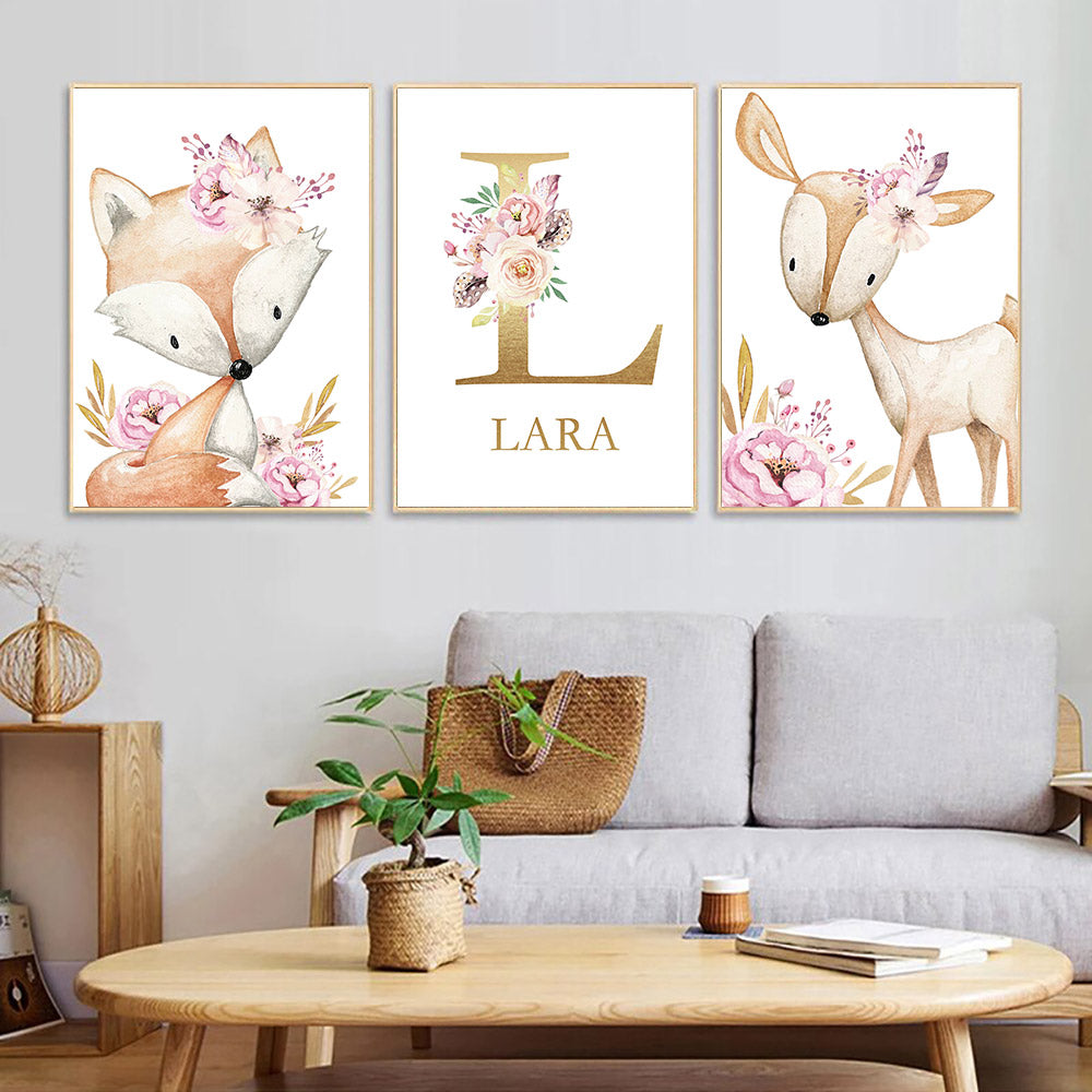 Personalised Woodland Animal Print Nursery Canvas Painting