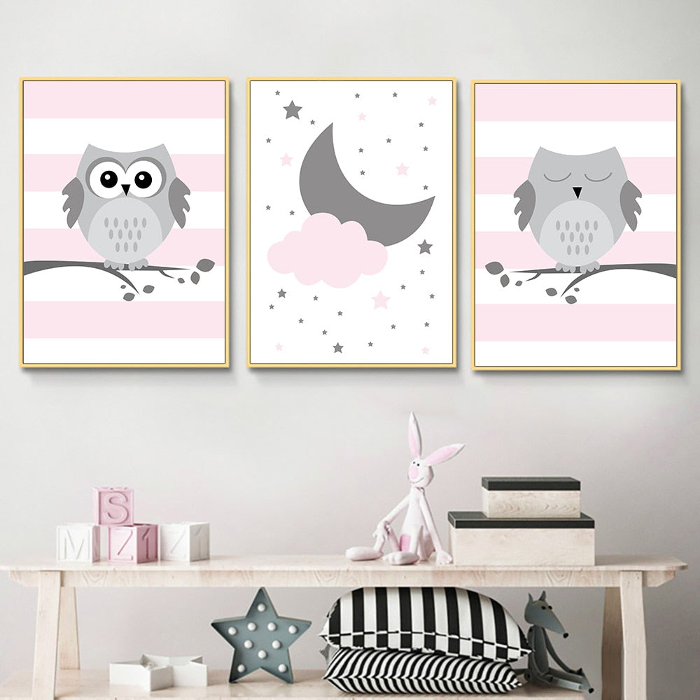 Woodland Owl Moon Canvas Nursery Art