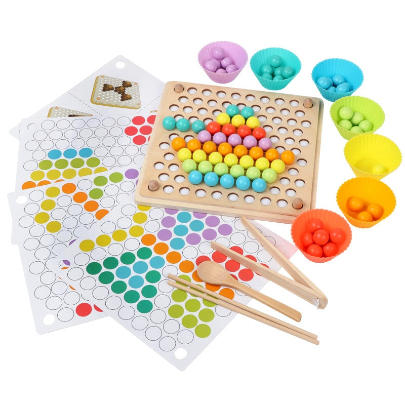 Montessori Beads & Chopsticks 22"x22" Coordination Wooden Game Board