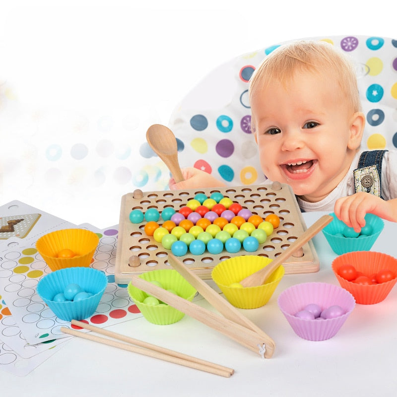 Montessori Beads & Chopsticks 22"x22" Coordination Wooden Game Board