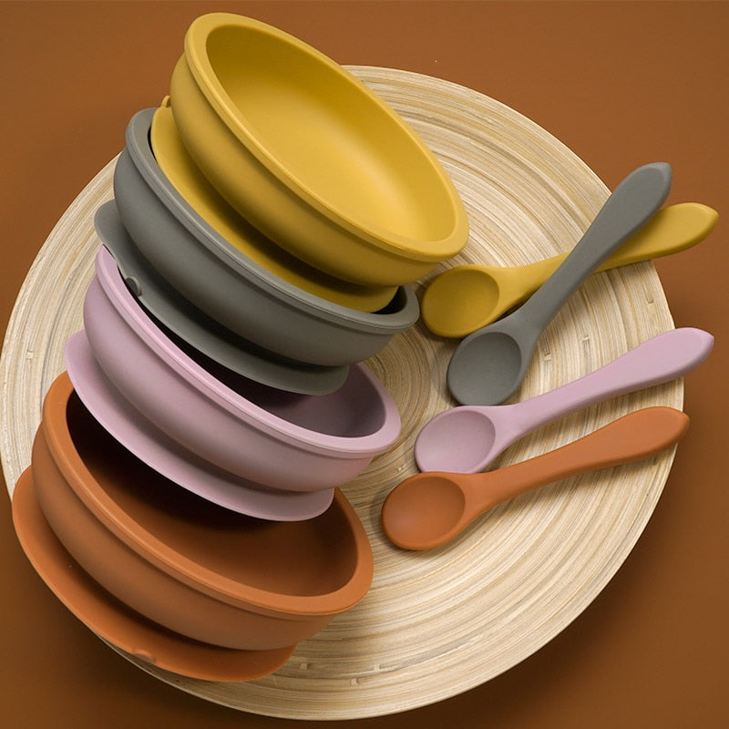 Earthy Tones Silicone Waterproof BPA & Phthalate Free Feeding Plate and Spoon - In 8 Color Options