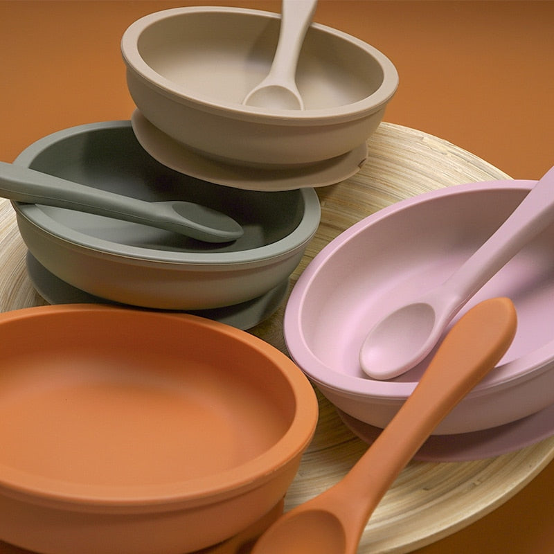 Earthy Tones Silicone Waterproof BPA & Phthalate Free Feeding Plate and Spoon - In 8 Color Options
