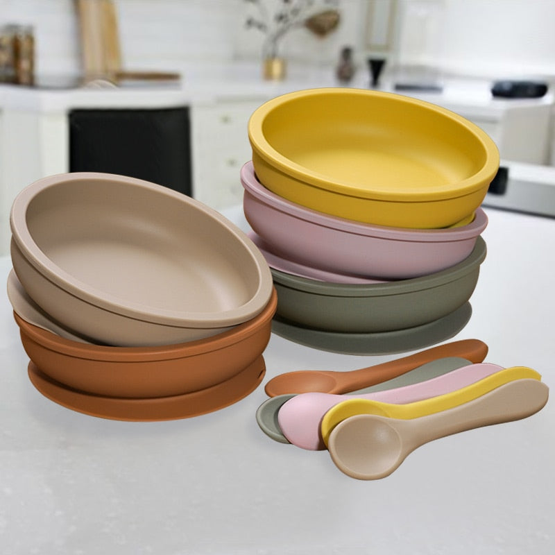 Earthy Tones Silicone Waterproof BPA & Phthalate Free Feeding Plate and Spoon - In 8 Color Options