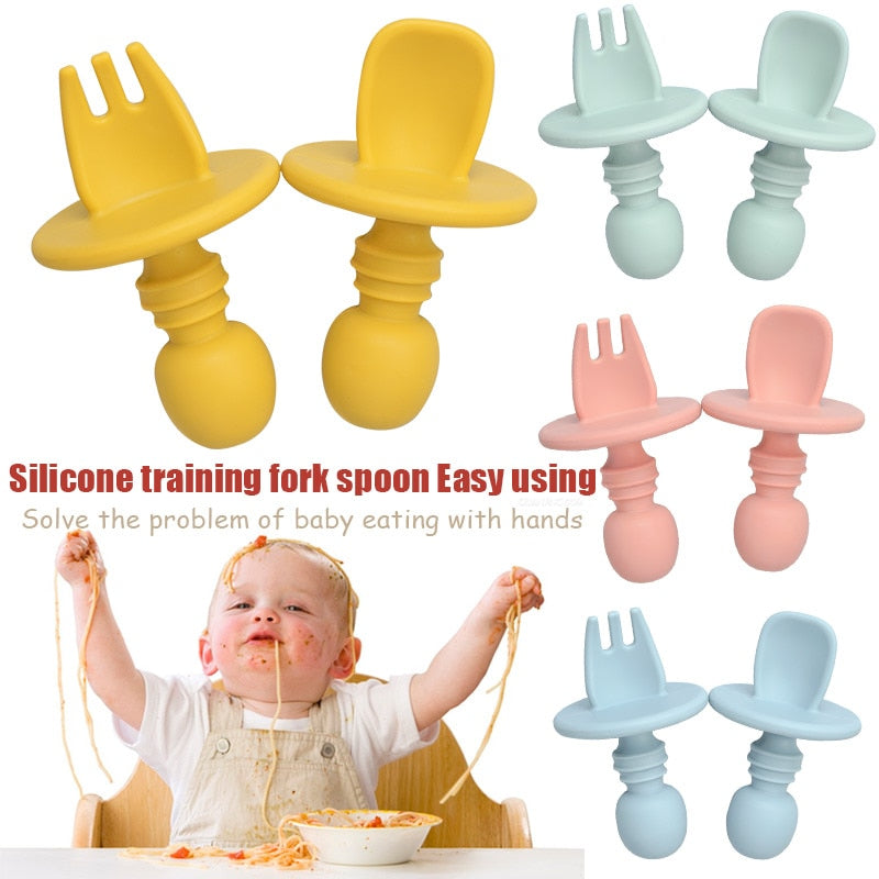 Earthy Tones Silicone Waterproof BPA & Phthalate Training Fork & Spoon Plate Set - In 8 Color Options