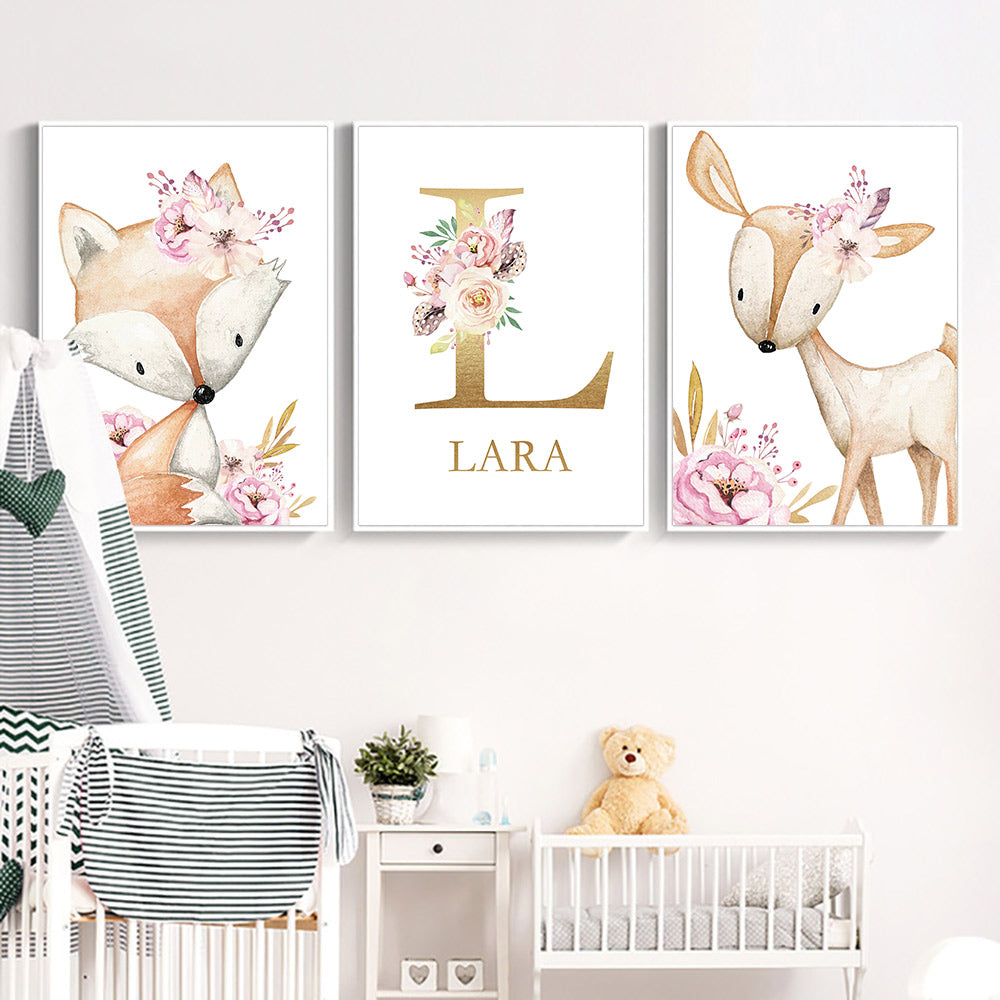 Personalised Woodland Animal Print Nursery Canvas Painting