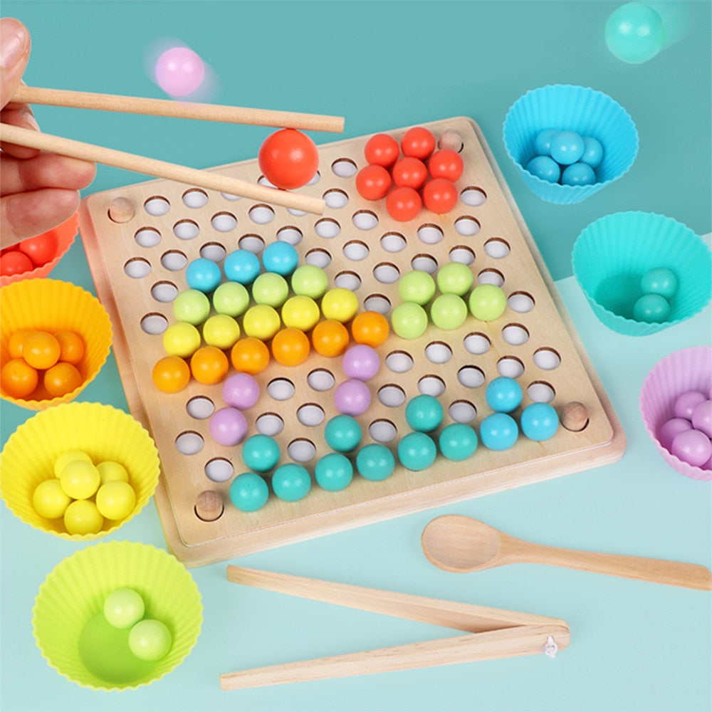 Montessori Beads & Chopsticks 22"x22" Coordination Wooden Game Board